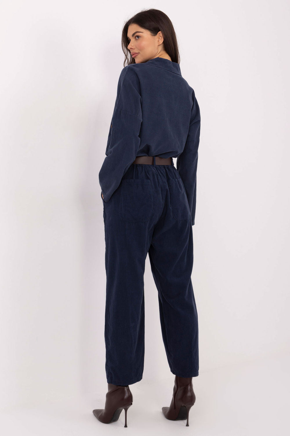 Italy Moda Dark Blue Wide Leg High Waisted Corduroy Trousers - view 3