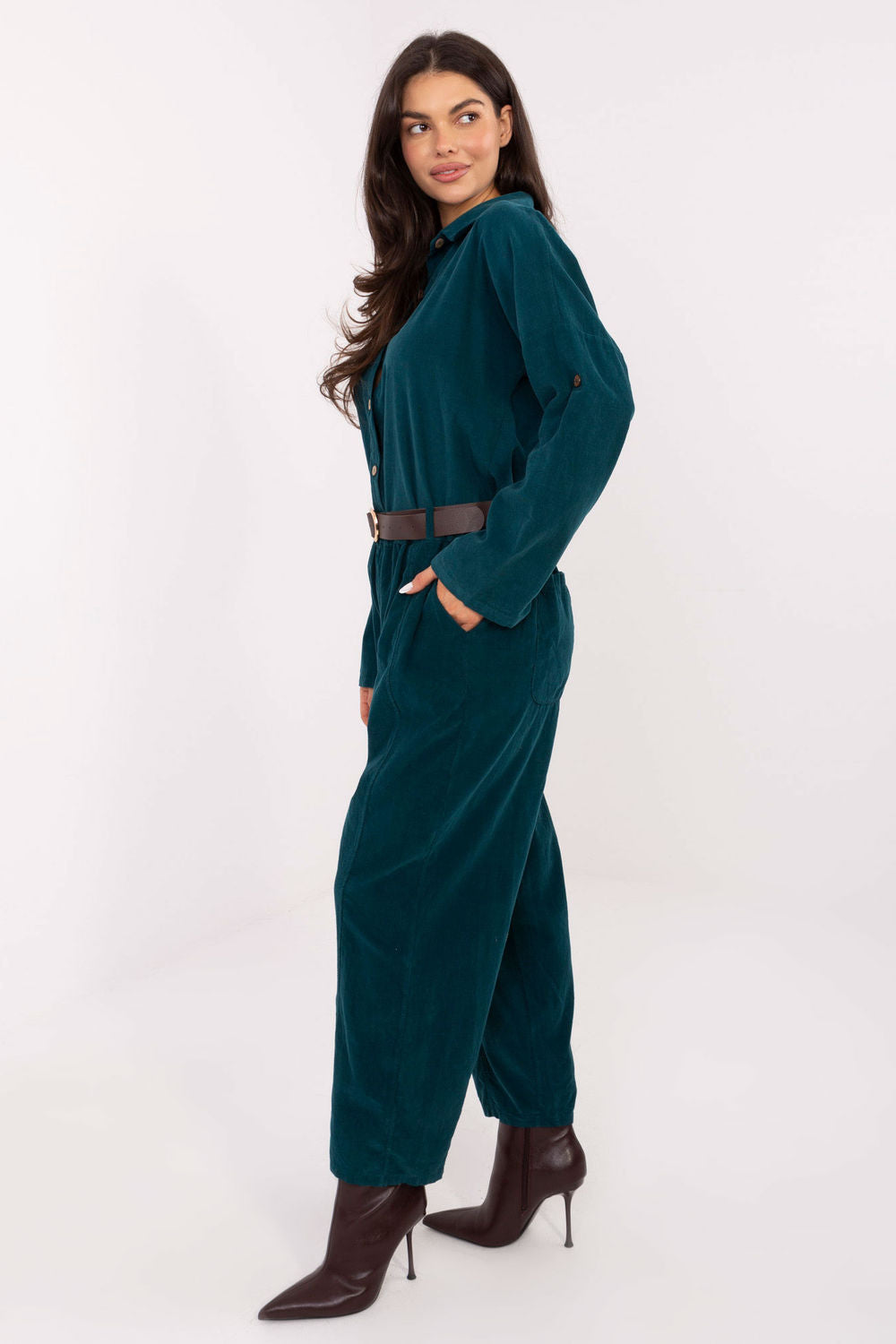 Italy Moda Teal Wide Leg High Waisted Corduroy Trousers - view 2