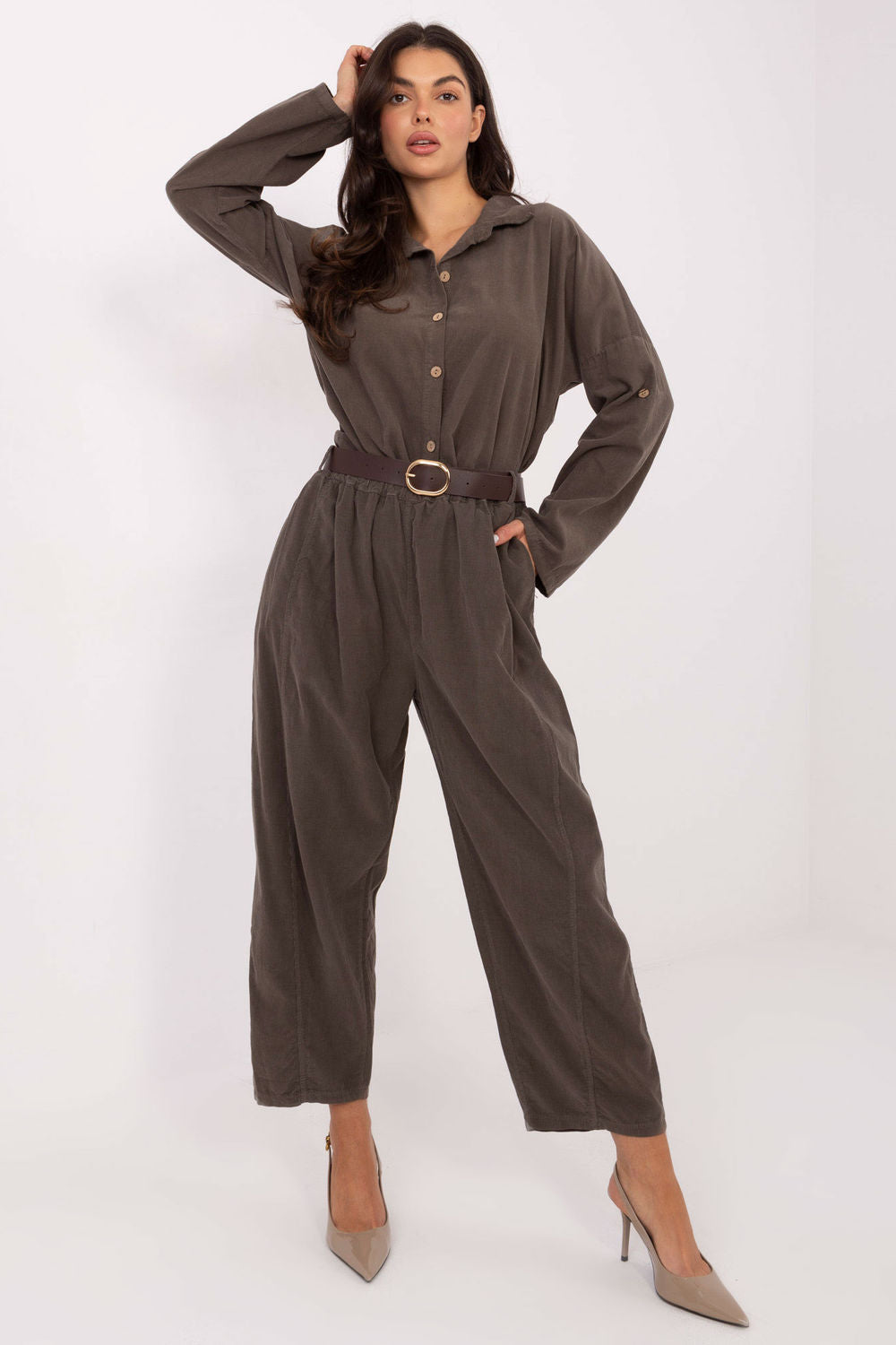 Italy Moda Dark Khaki High Waisted Long Sleeve Top - view 2