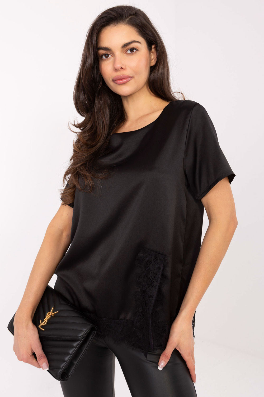 Italy Moda Black Lace Short Sleeve Blouse