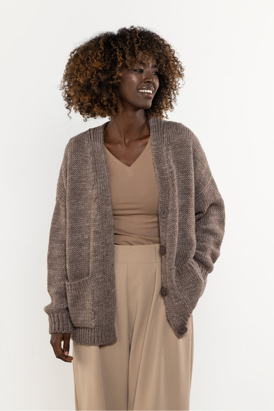 Awama Mocha Knitted V-Neck Cardigan