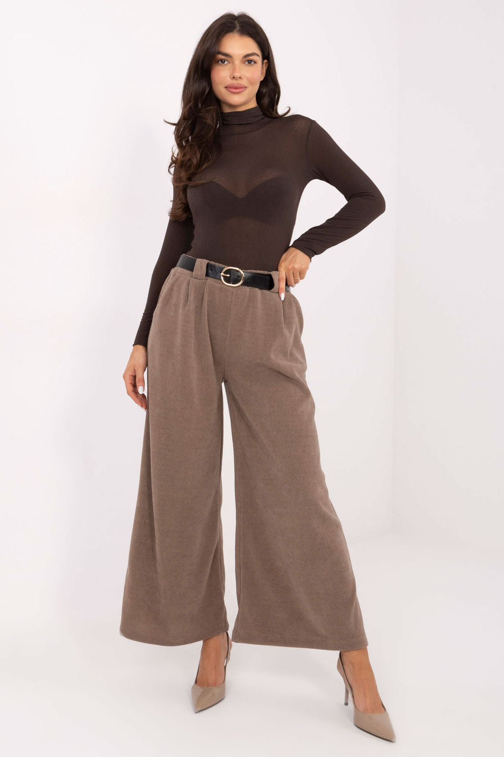 Rue Paris Dark Beige Wide Leg High Waisted Corduroy Trousers