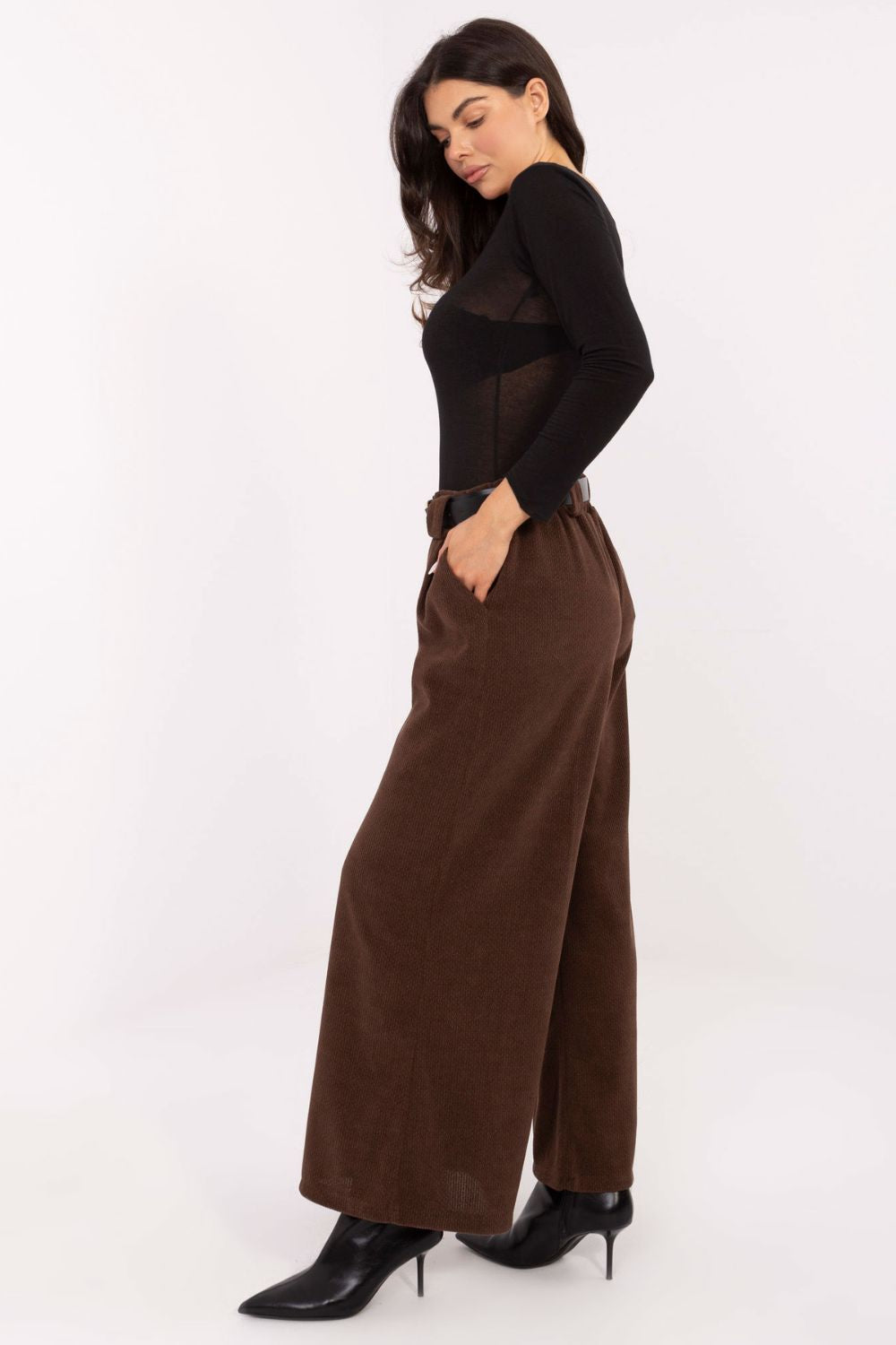 Rue Paris Brown Wide Leg High Waisted Corduroy Trousers - view 3