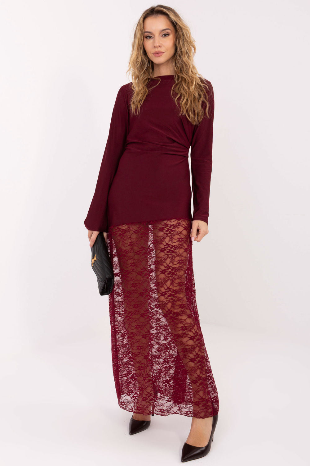 Italy Moda Burgundy Lace Pleated Maxi Dress