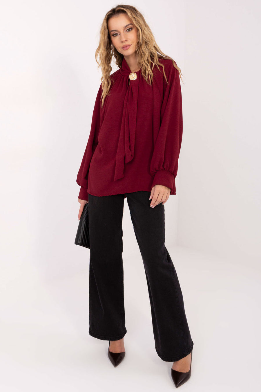 Italy Moda Burgundy Puff Sleeve Blouse