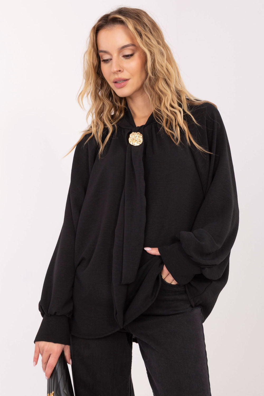 Italy Moda Black Puff Sleeve Blouse