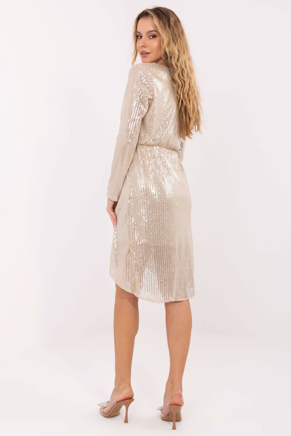 Italy Moda Beige Sequin Wrap Evening Dress - view 3