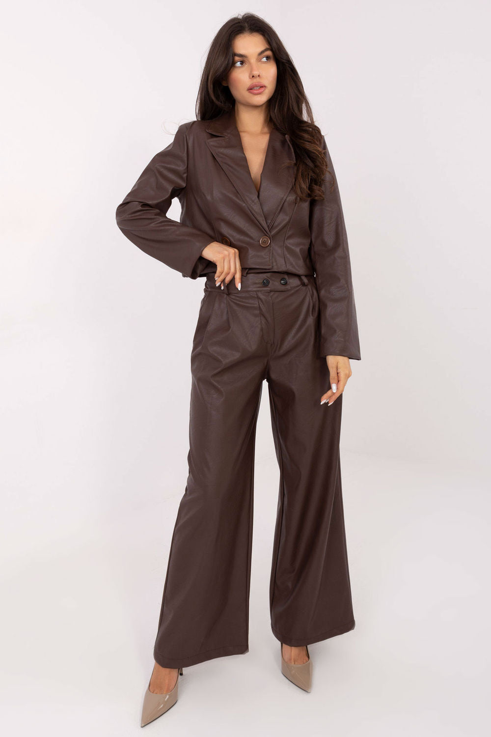 Italy Moda Brown Faux Leather Long Sleeve Jacket - view 2