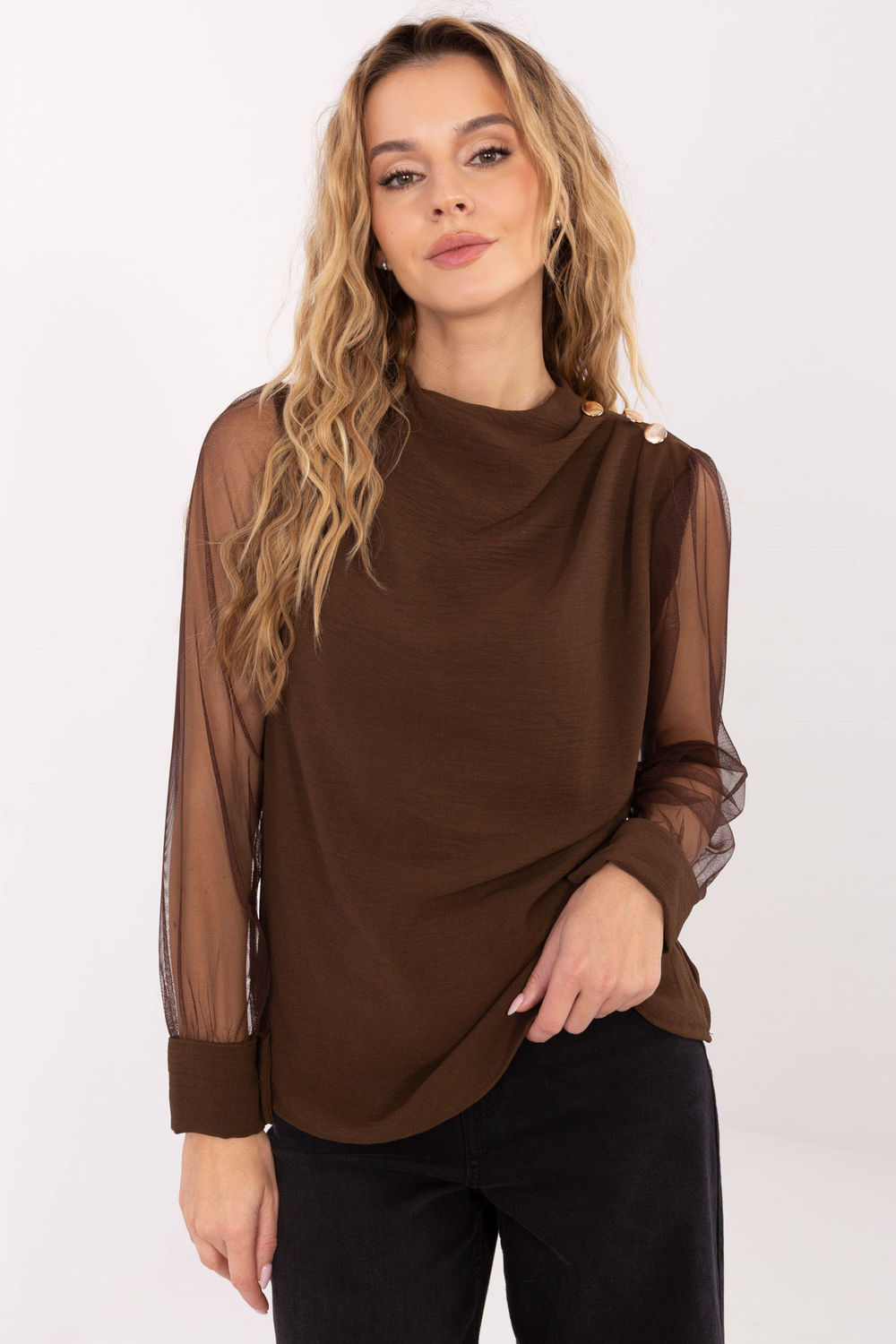 Italy Moda Brown Mesh Pleated Blouse
