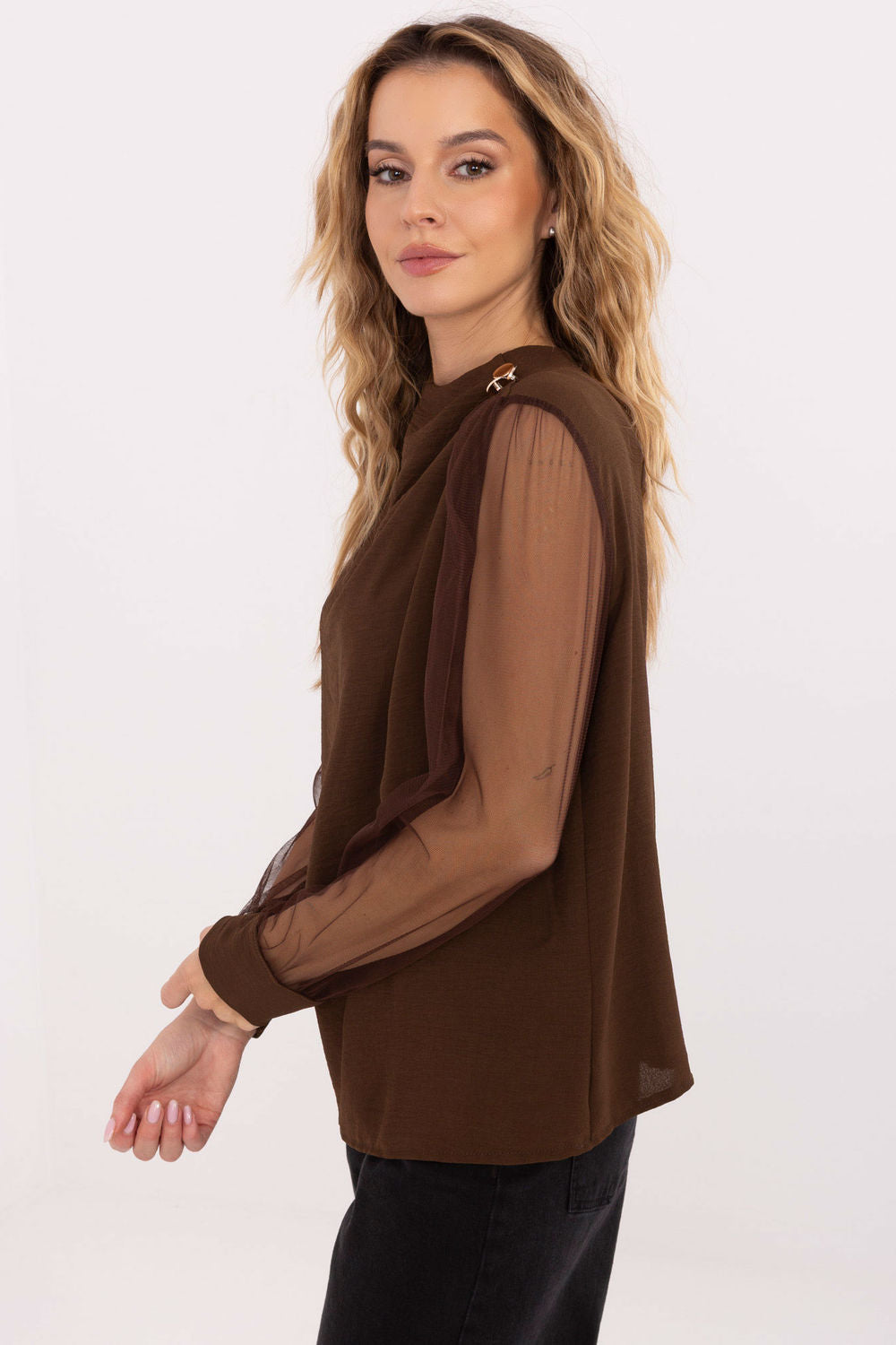 Italy Moda Brown Mesh Pleated Blouse - view 4