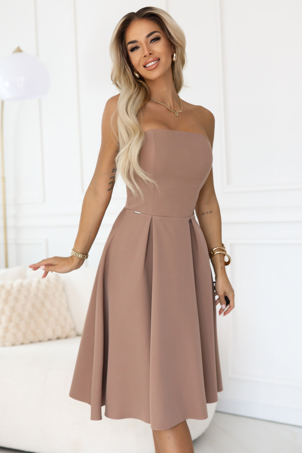 Numoco Vivienne Beige Midi Flared Cocktail Dress