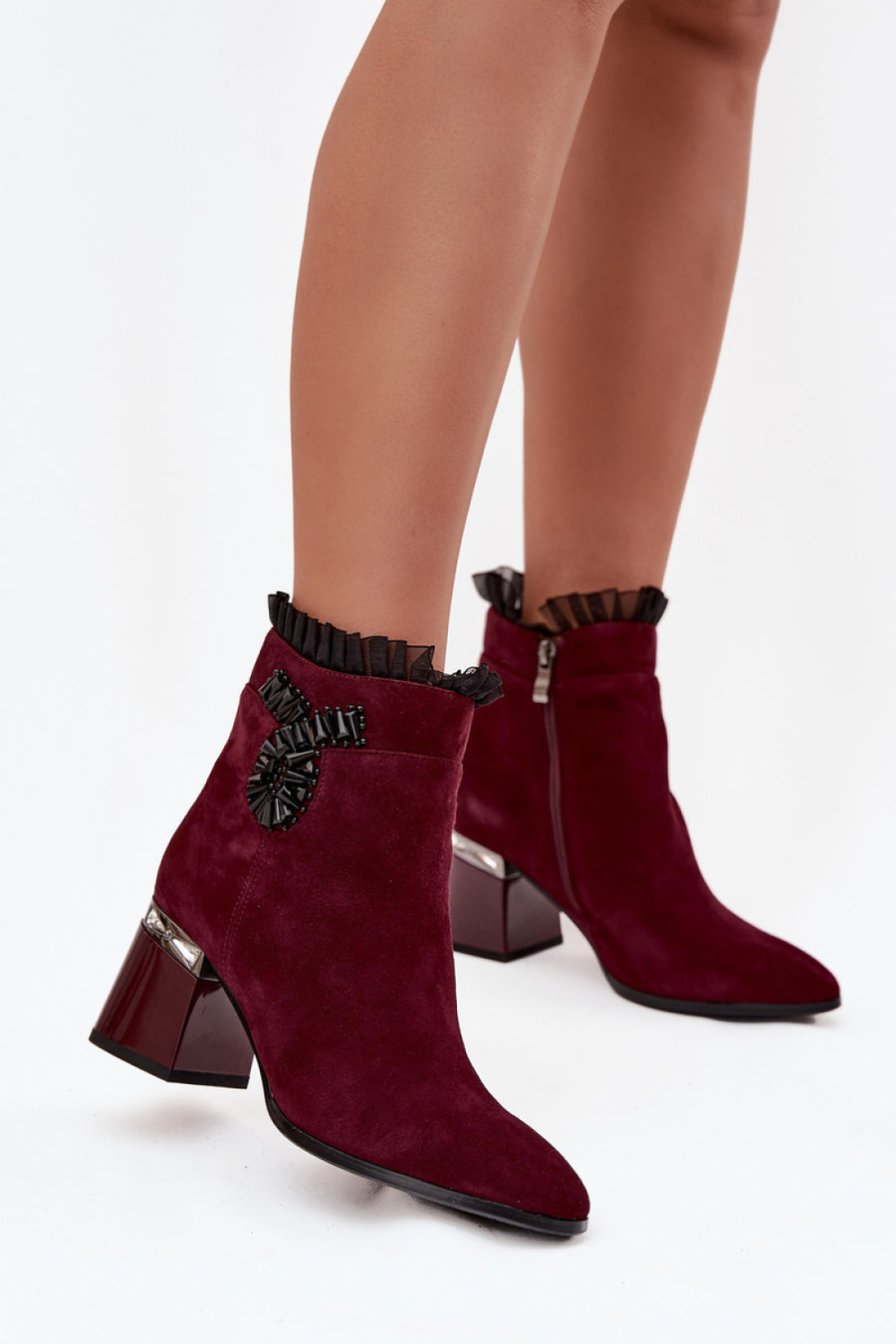 Step In Style Burgundy Mesh Block Heel Heeled Ankle Boots
