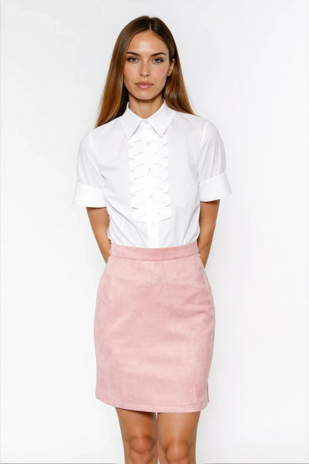 Nife White Pleated Cotton Short Sleeve Top