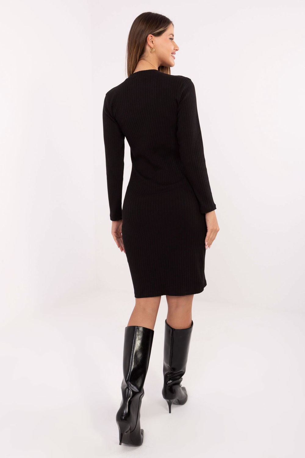 Rue Paris Black Ribbed Long Sleeve Dress - view 3