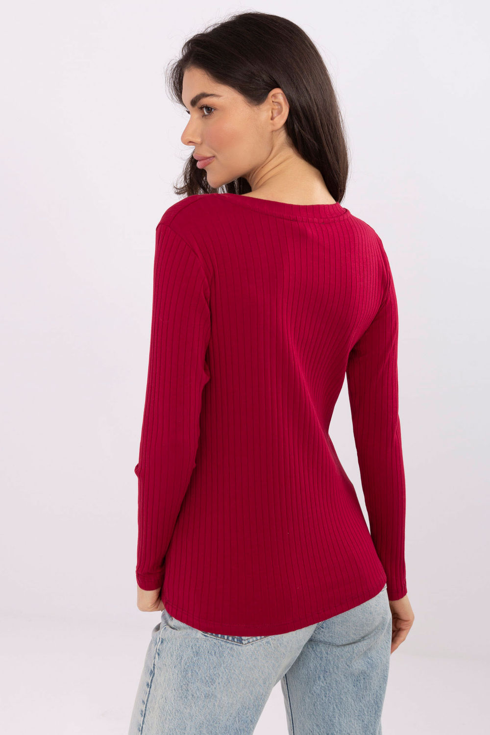 Rue Paris Burgundy V-Neck Long Sleeve Cotton Blouse - view 3