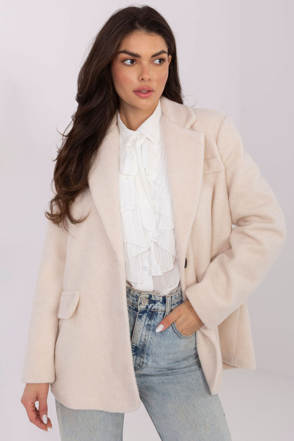 Rue Paris Light Beige Polyester Long Sleeve Coat