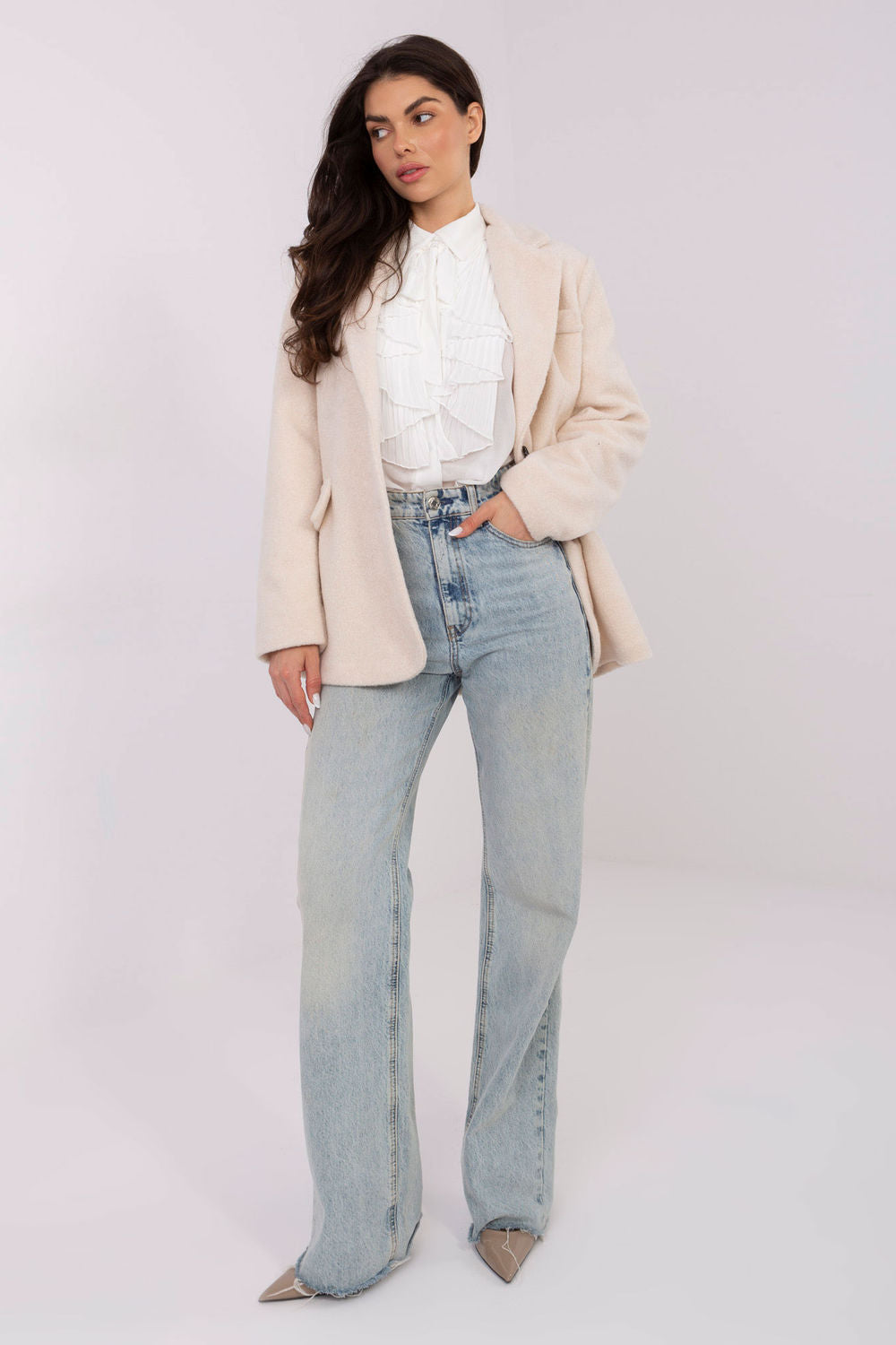 Rue Paris Light Beige Polyester Long Sleeve Coat - view 2