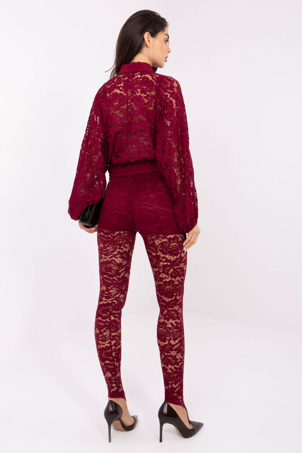 Italy Moda Burgundy Collared Lace Long Sleeve Top - view 3