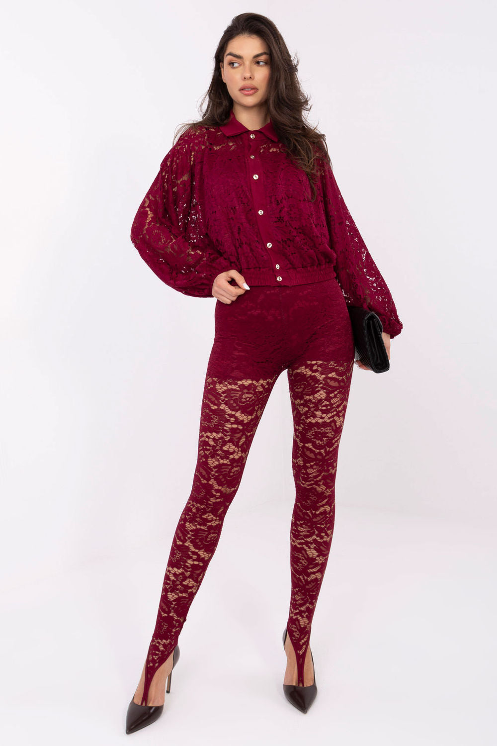 Italy Moda Burgundy Collared Lace Long Sleeve Top - view 4