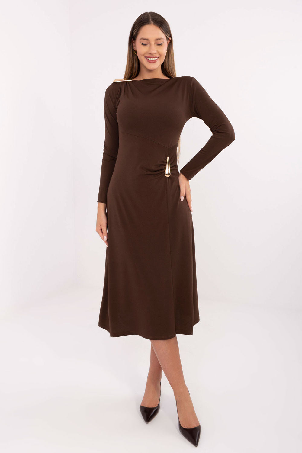 Italy Moda Brown Midi Long Sleeve Dress
