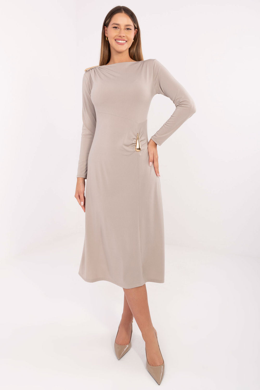 Italy Moda Beige Midi Long Sleeve Dress
