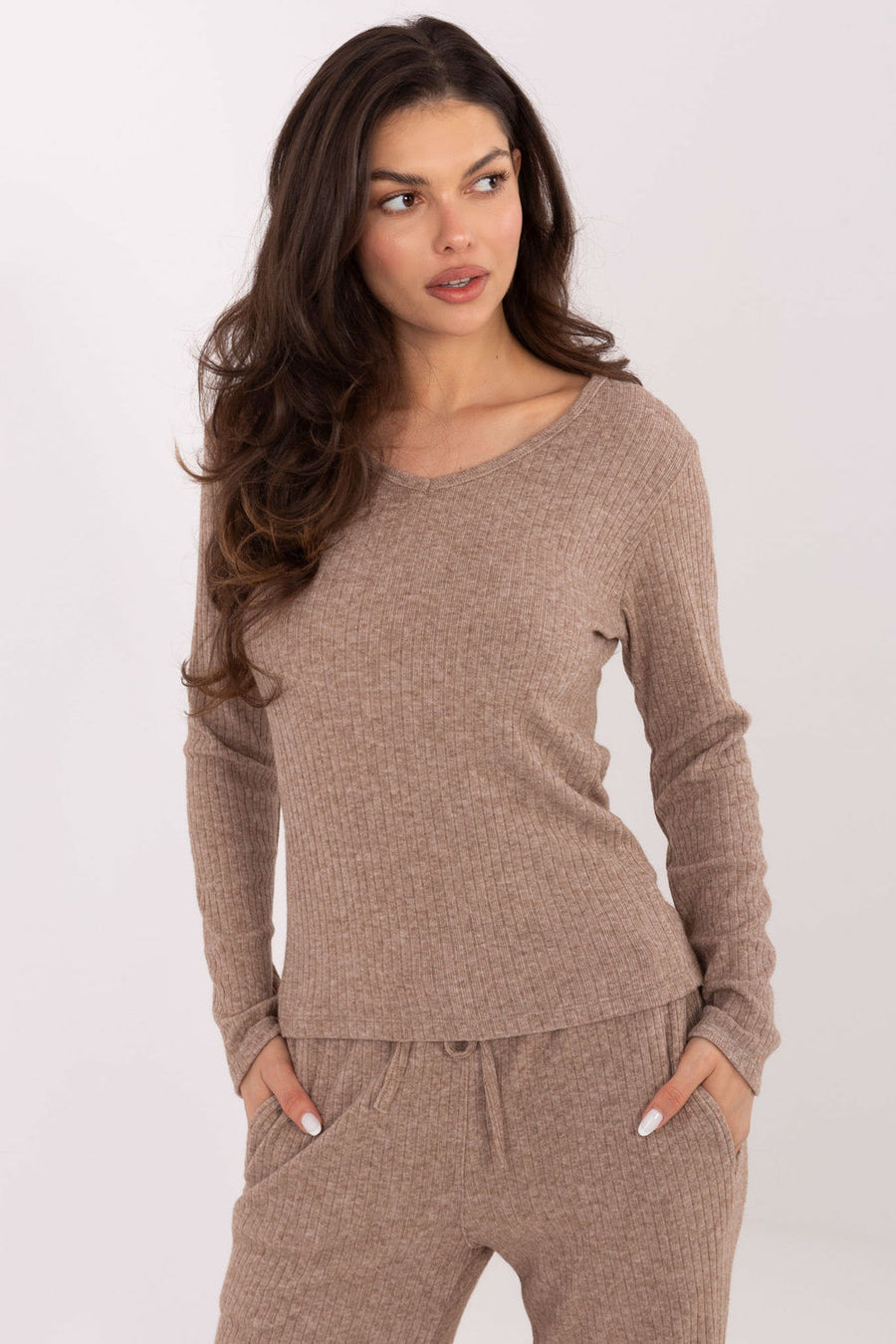 Factory Price Dark Beige Ribbed V-Neck Long Sleeve Jumper