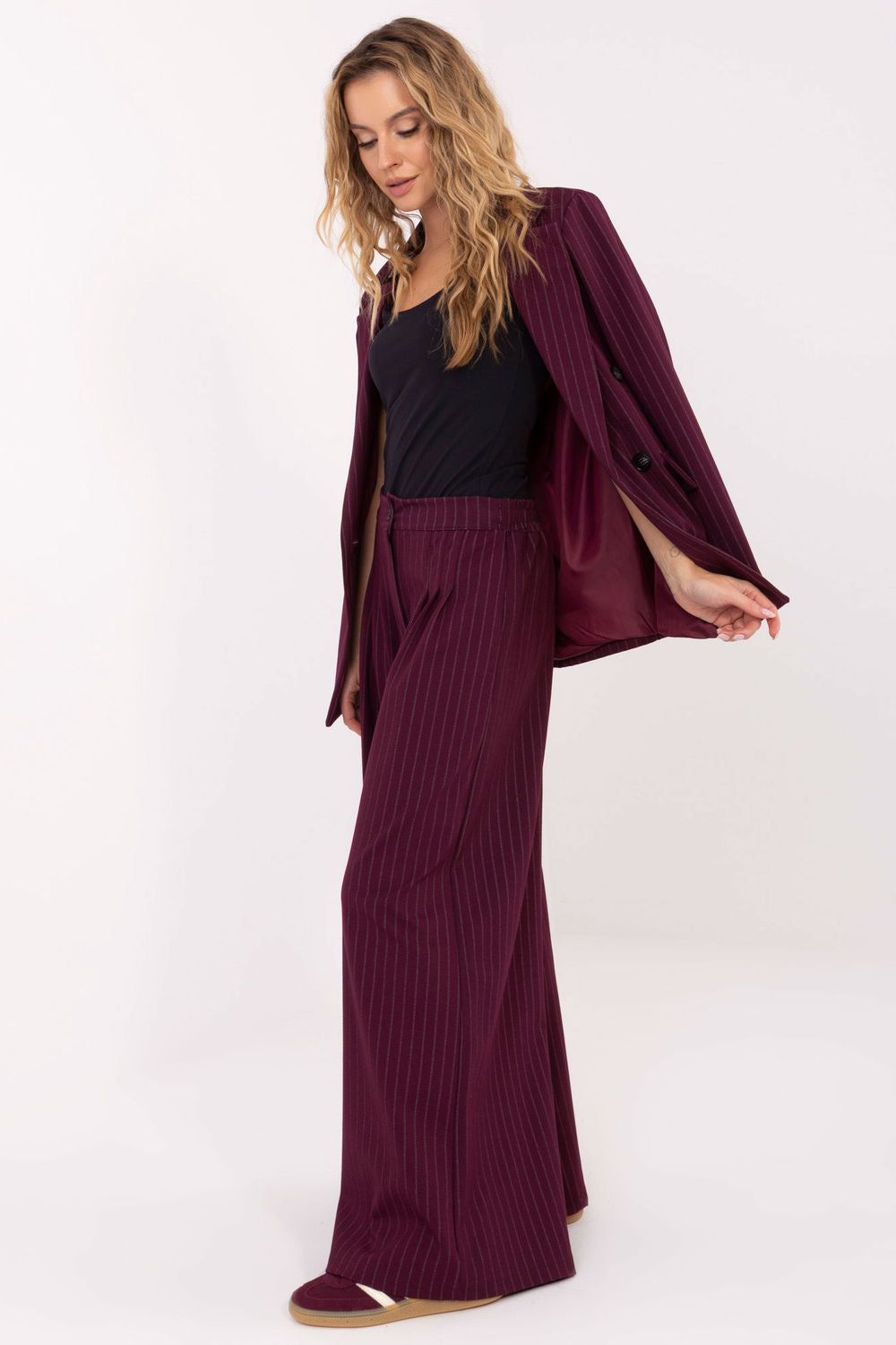 Rue Paris Burgundy Striped Pleated Trousers - view 2