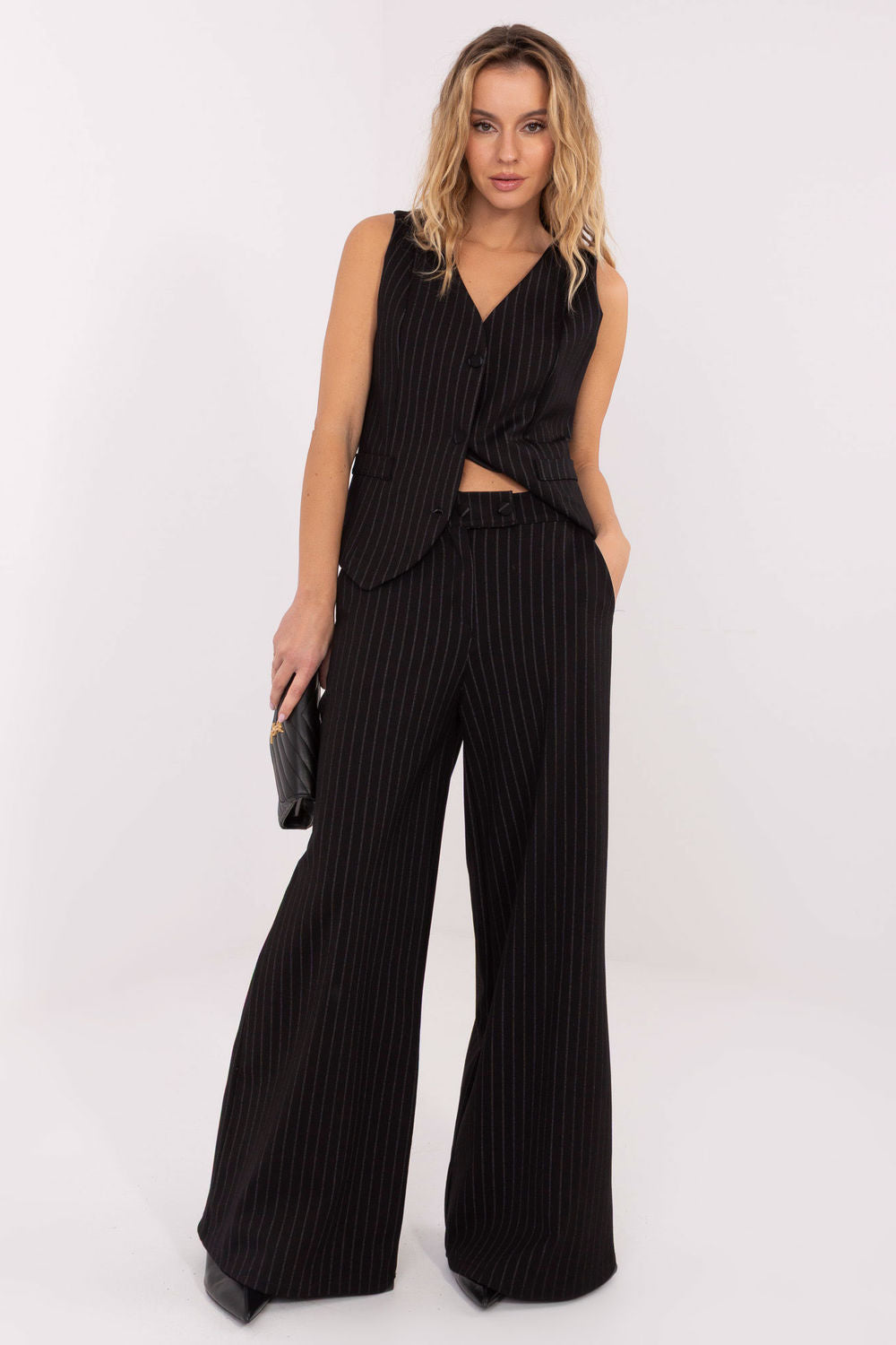 Rue Paris Black Striped Wide Leg Trousers