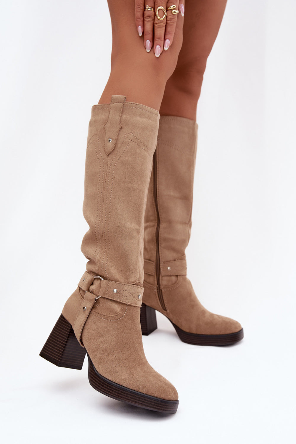 Step In Style Alessara Beige Faux Suede Block Heel Heeled Ankle Boots