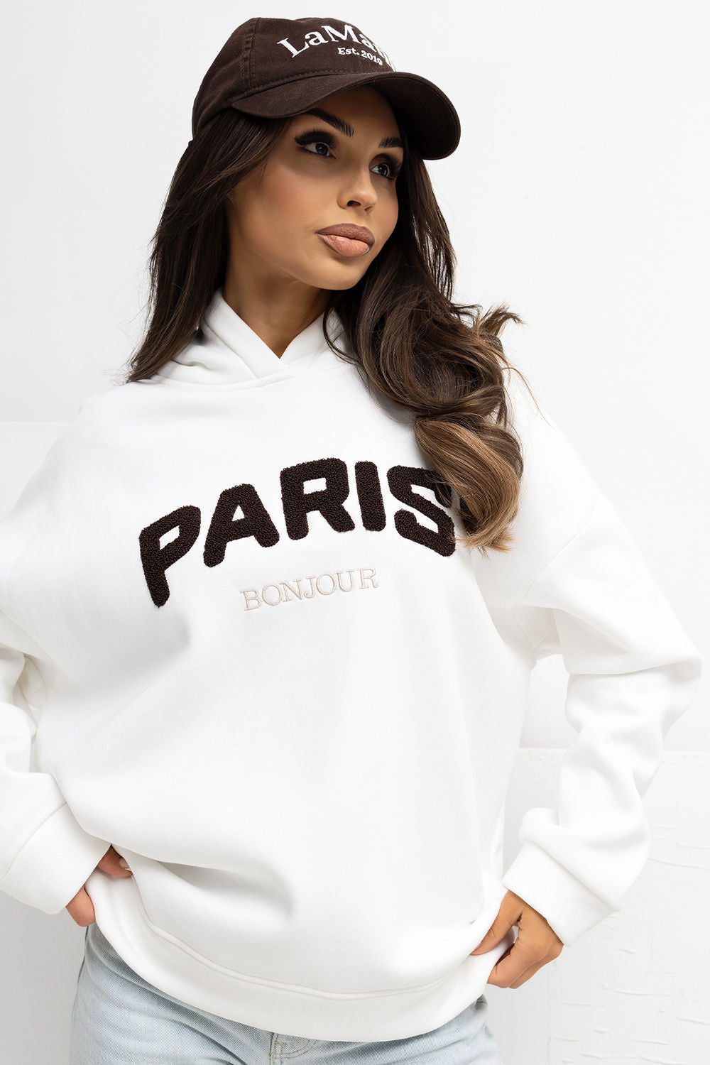 Rue Paris Ecru Hooded Long Sleeve Cotton Sweatshirt with Embroidery