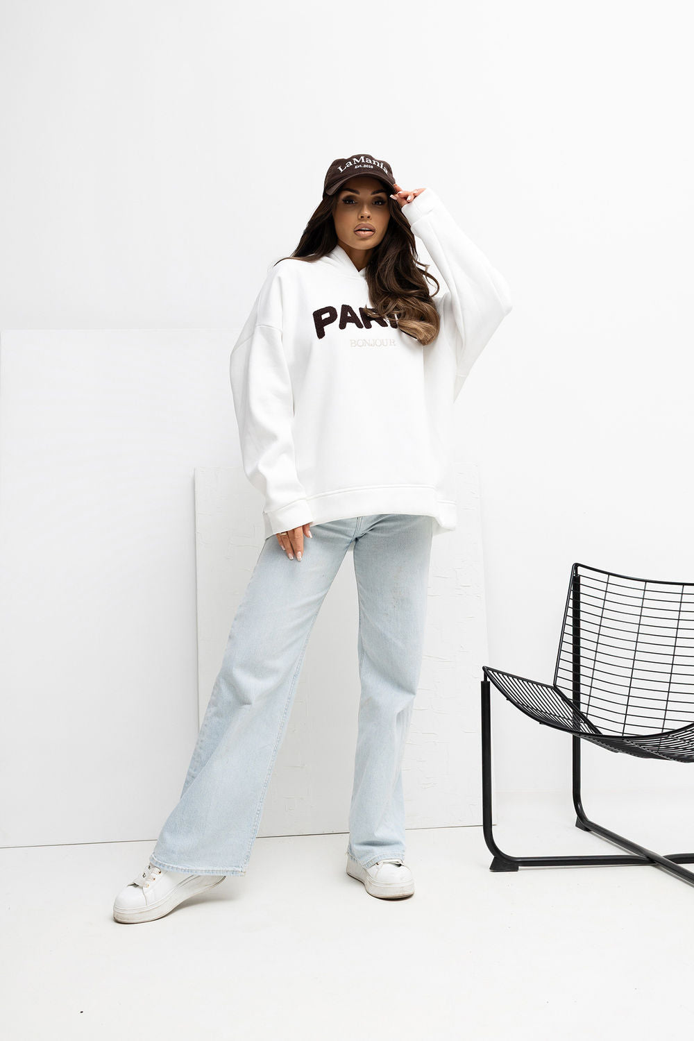 Rue Paris Ecru Hooded Long Sleeve Cotton Sweatshirt with Embroidery - view 2