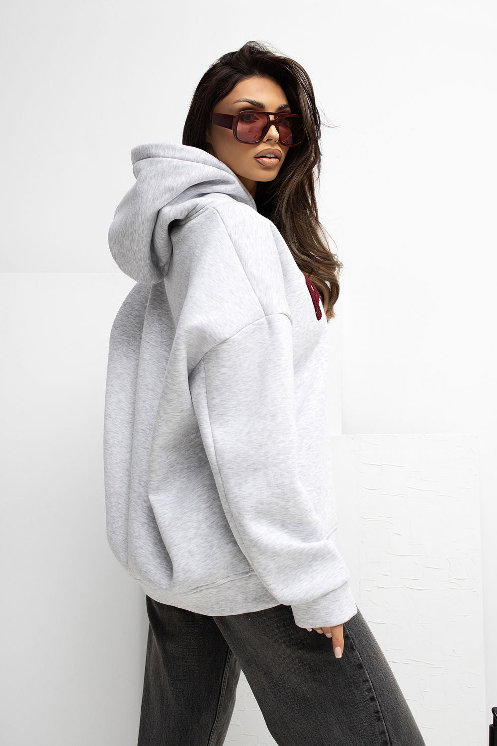 Rue Paris Light Grey Hooded Long Sleeve Sweatshirt with Embroidery - view 3