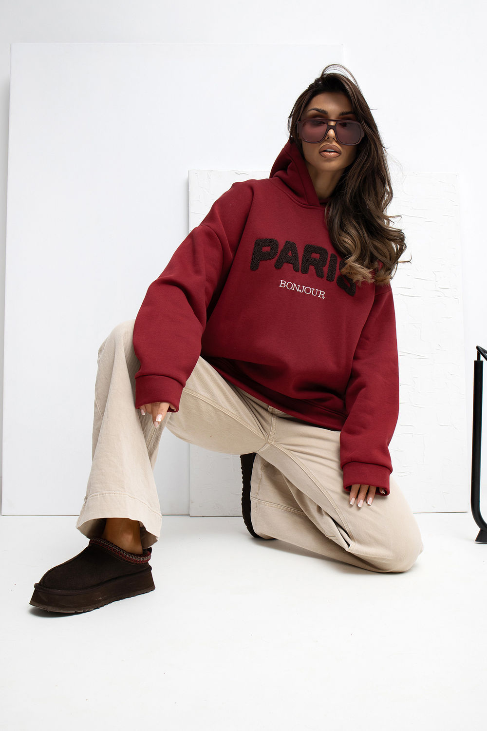 Rue Paris Burgundy Loose Fit Hooded Long Sleeve Sweatshirt