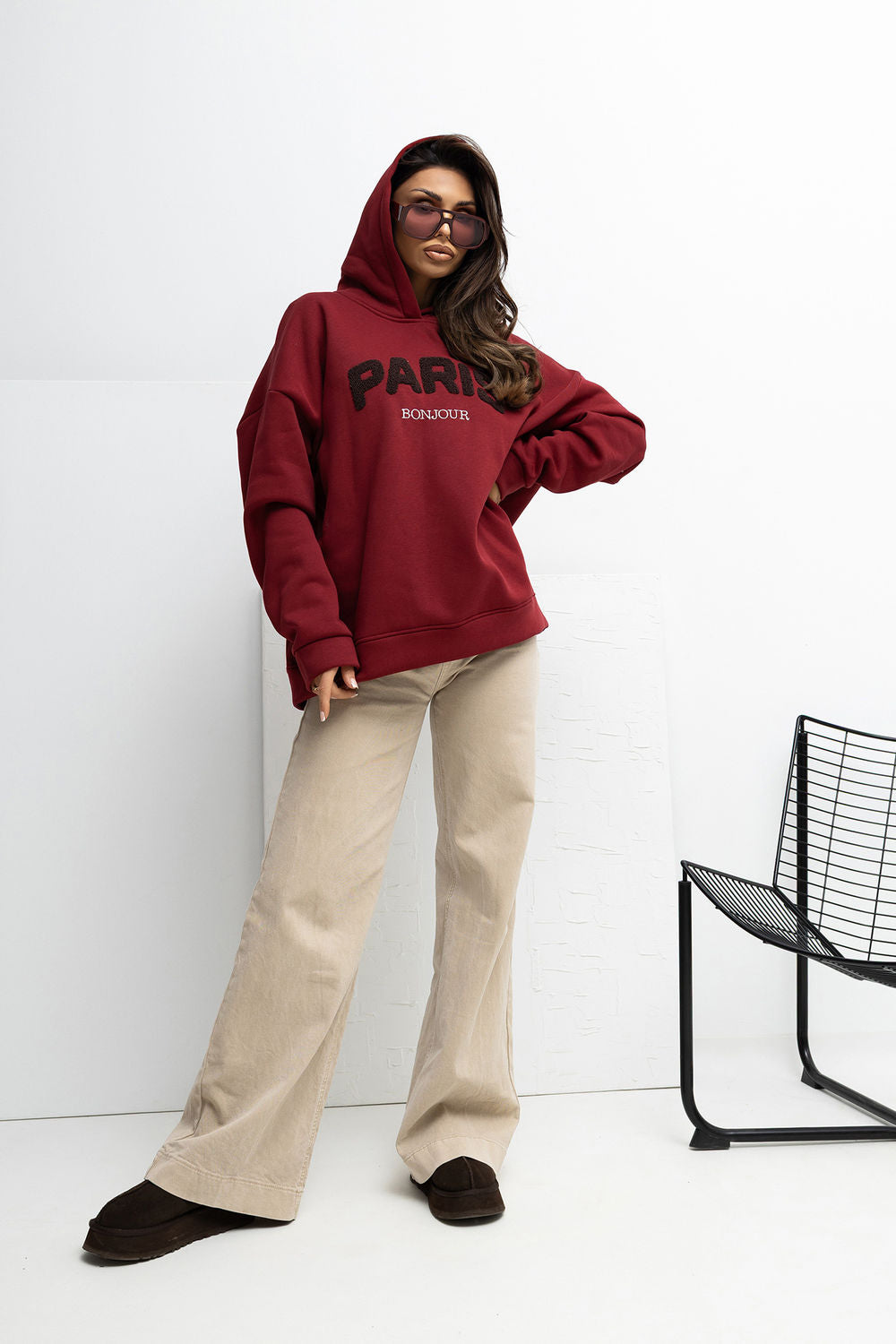Rue Paris Burgundy Loose Fit Hooded Long Sleeve Sweatshirt - view 2