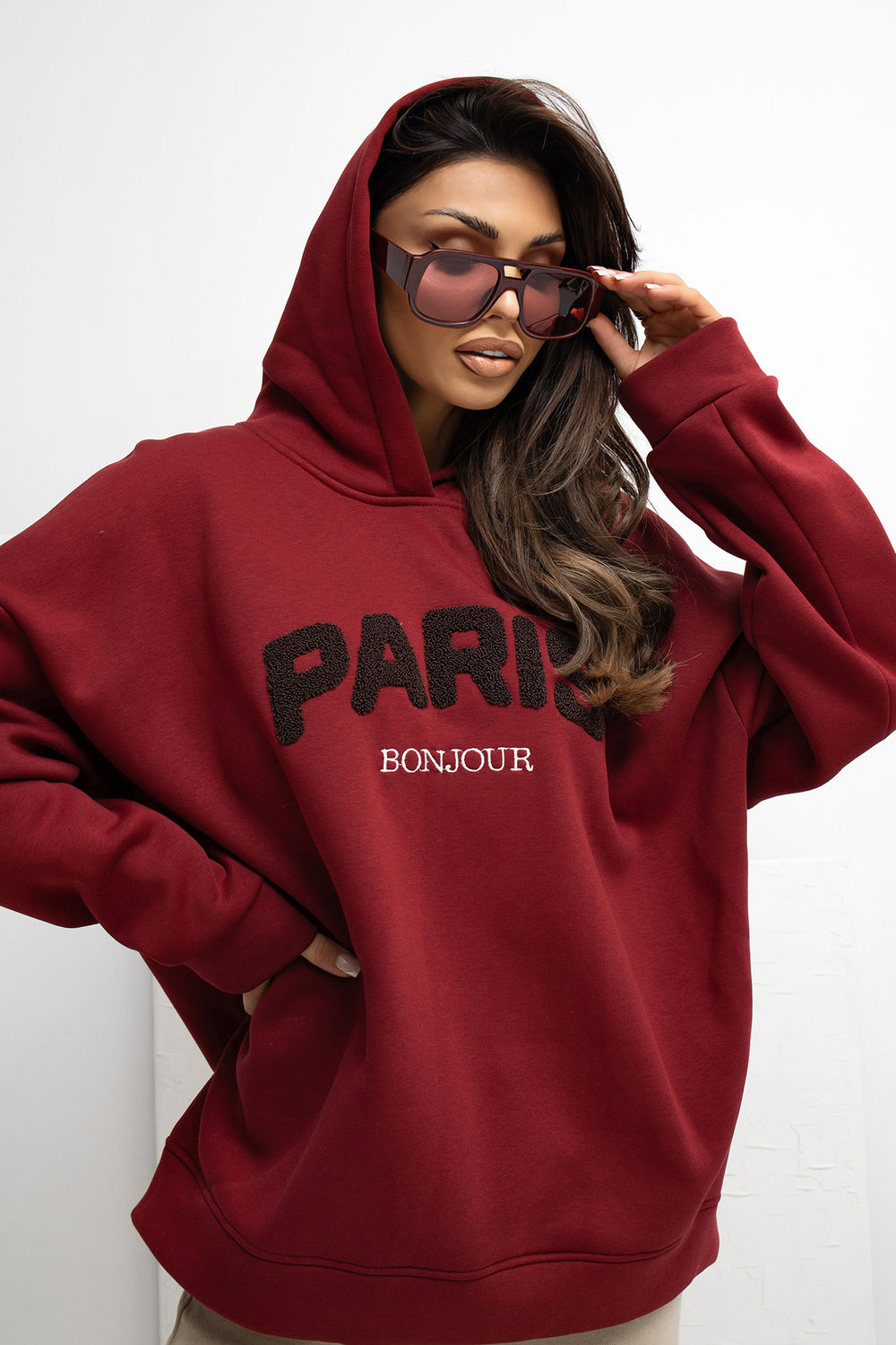 Rue Paris Burgundy Loose Fit Hooded Long Sleeve Sweatshirt - view 4