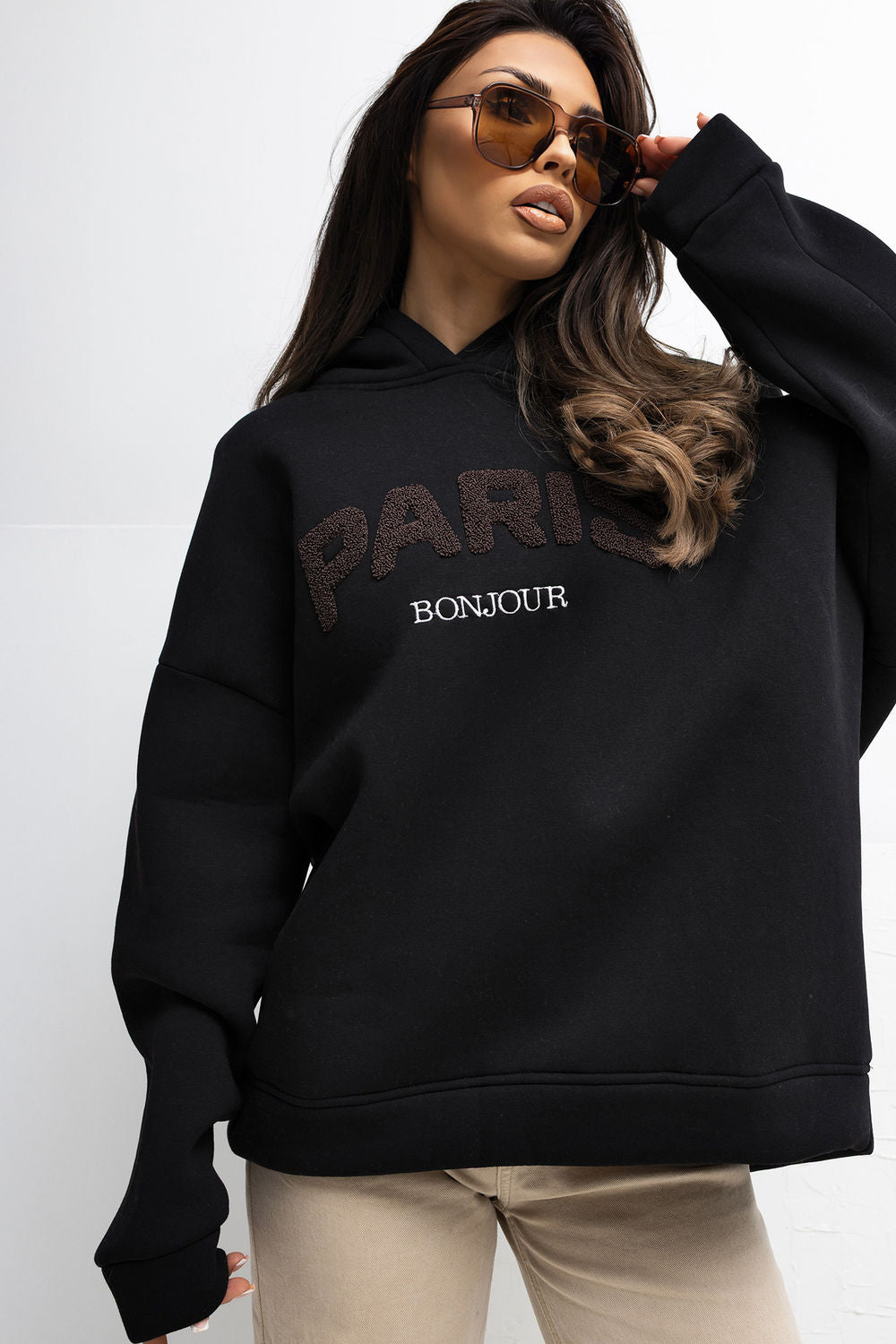 Rue Paris Black Hooded Long Sleeve Cotton Sweatshirt