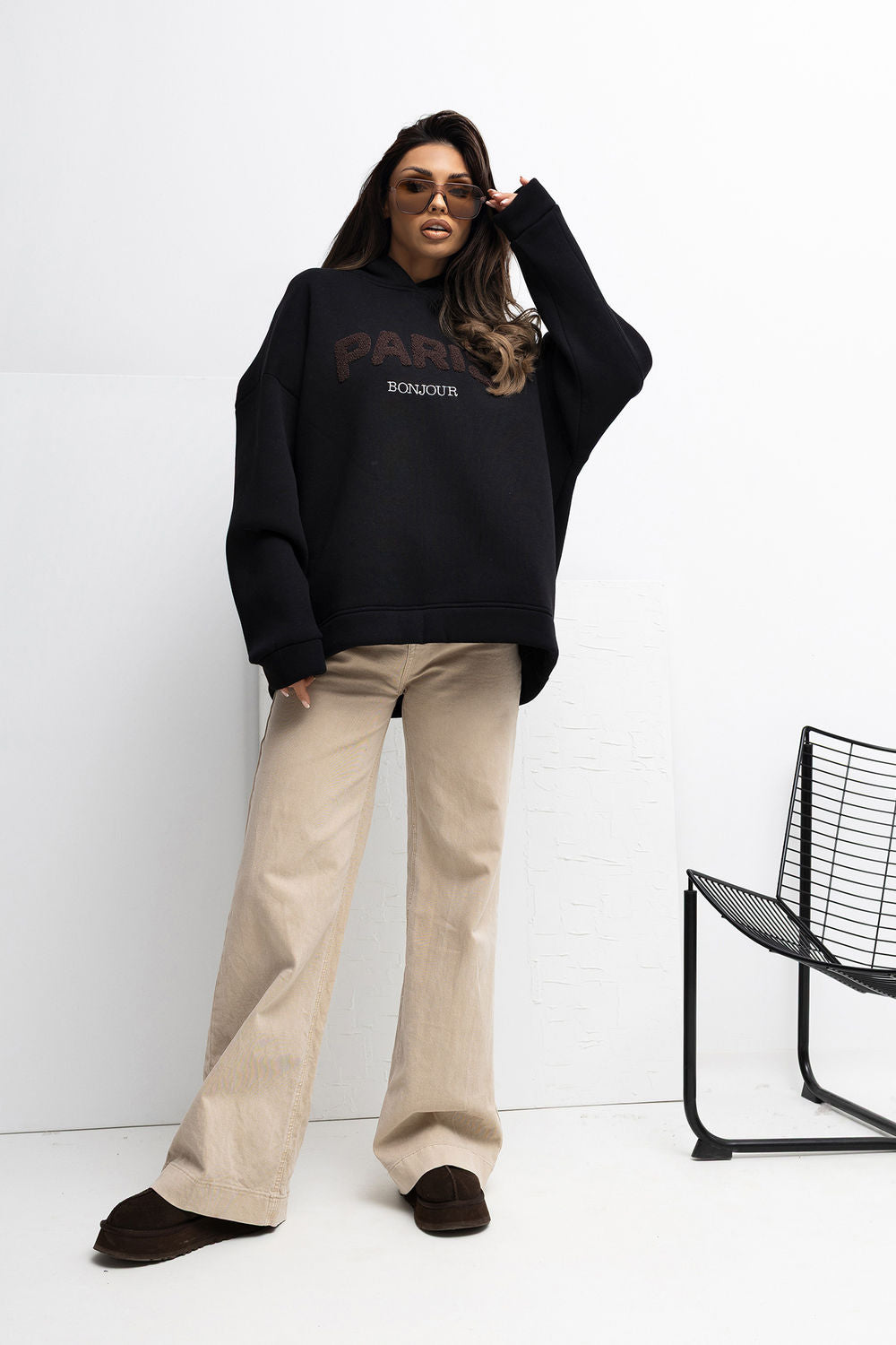 Rue Paris Black Hooded Long Sleeve Cotton Sweatshirt - view 2