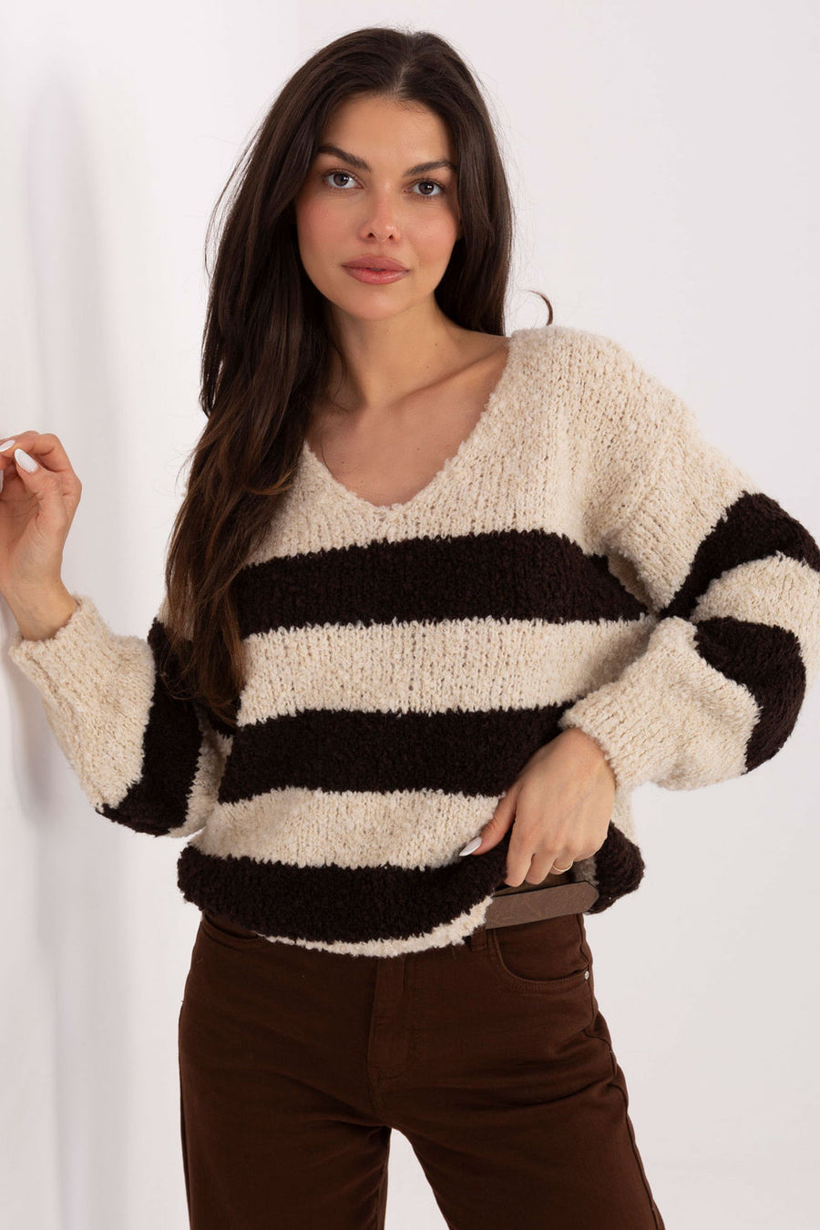 Italy Moda Beige Striped Oversized Jumper