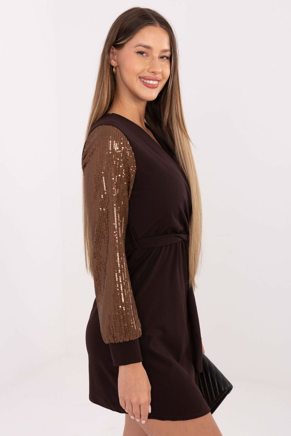 Italy Moda Dark Brown Sequin Wrap Mini Dress - view 2