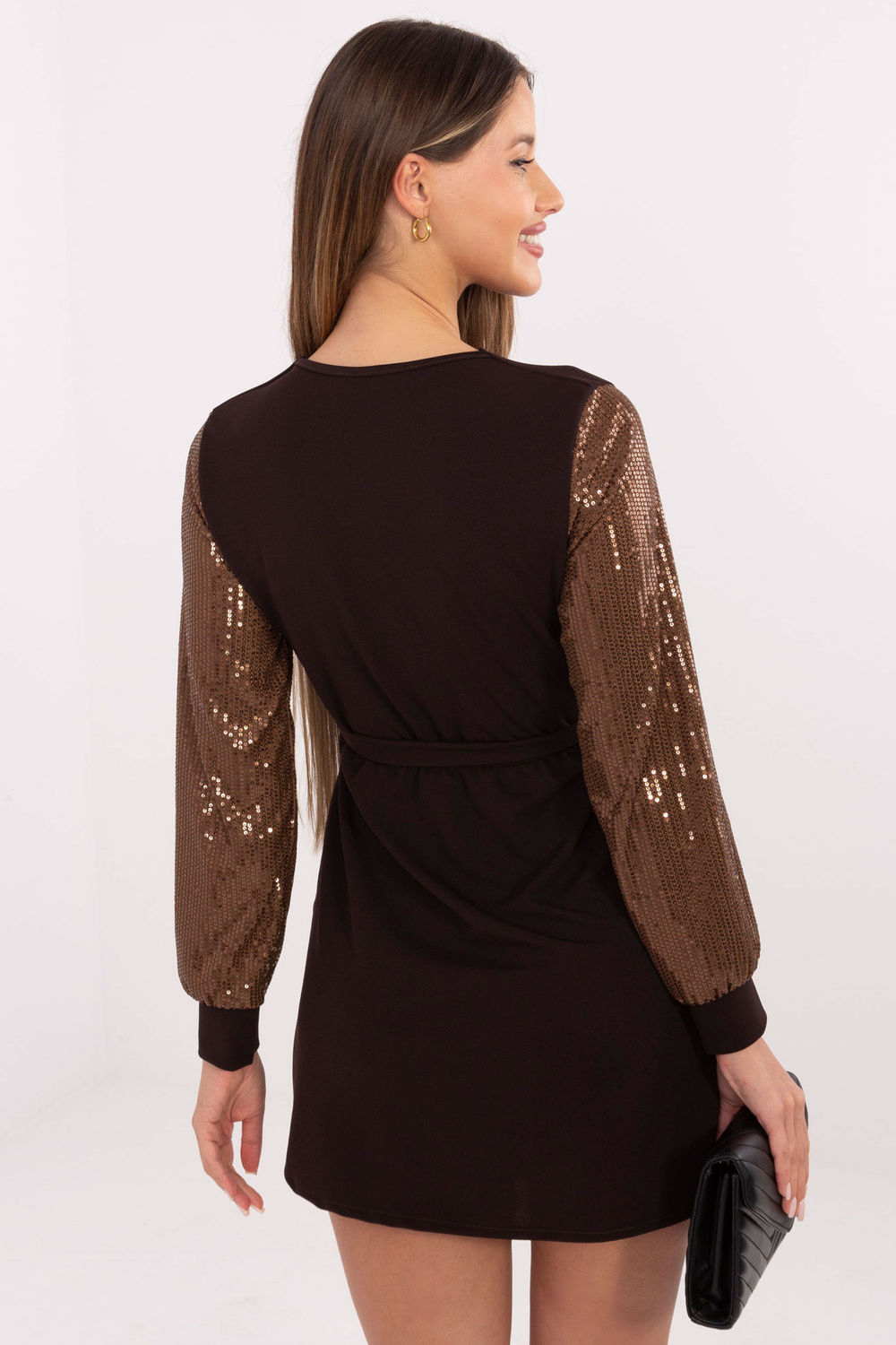 Italy Moda Dark Brown Sequin Wrap Mini Dress - view 3