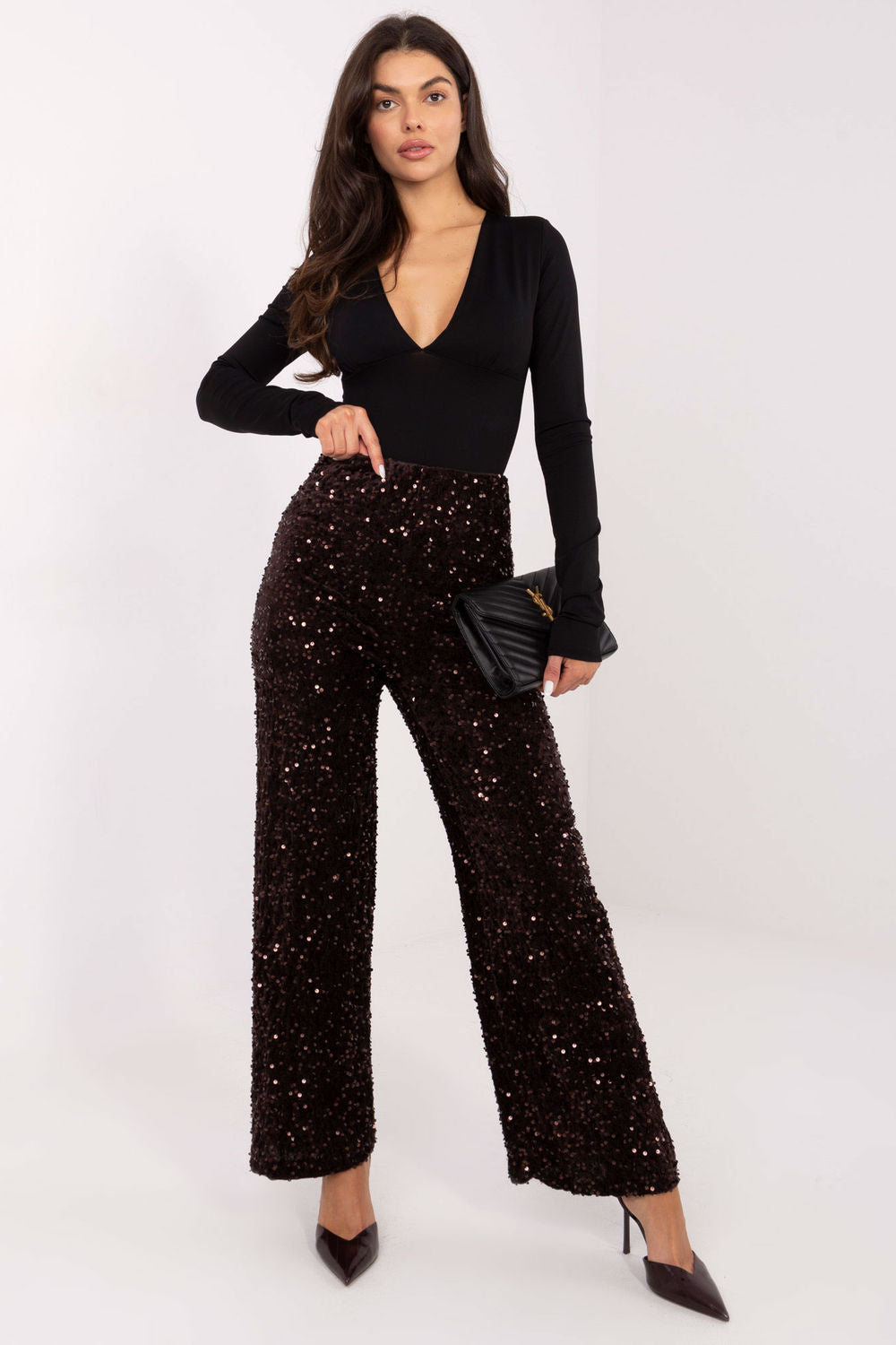 Italy Moda Dark Brown Sequin High Waisted Trousers