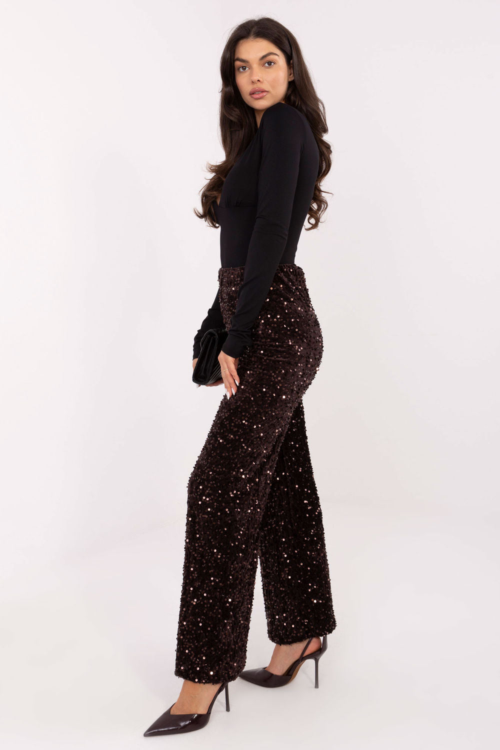 Italy Moda Dark Brown Sequin High Waisted Trousers - view 2