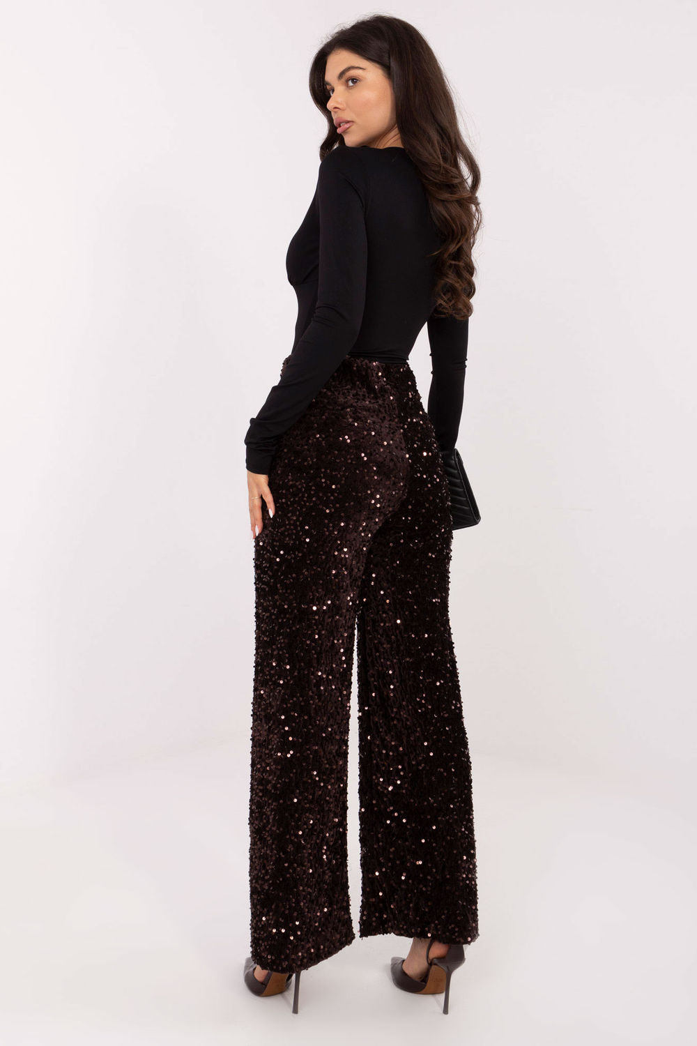 Italy Moda Dark Brown Sequin High Waisted Trousers - view 3
