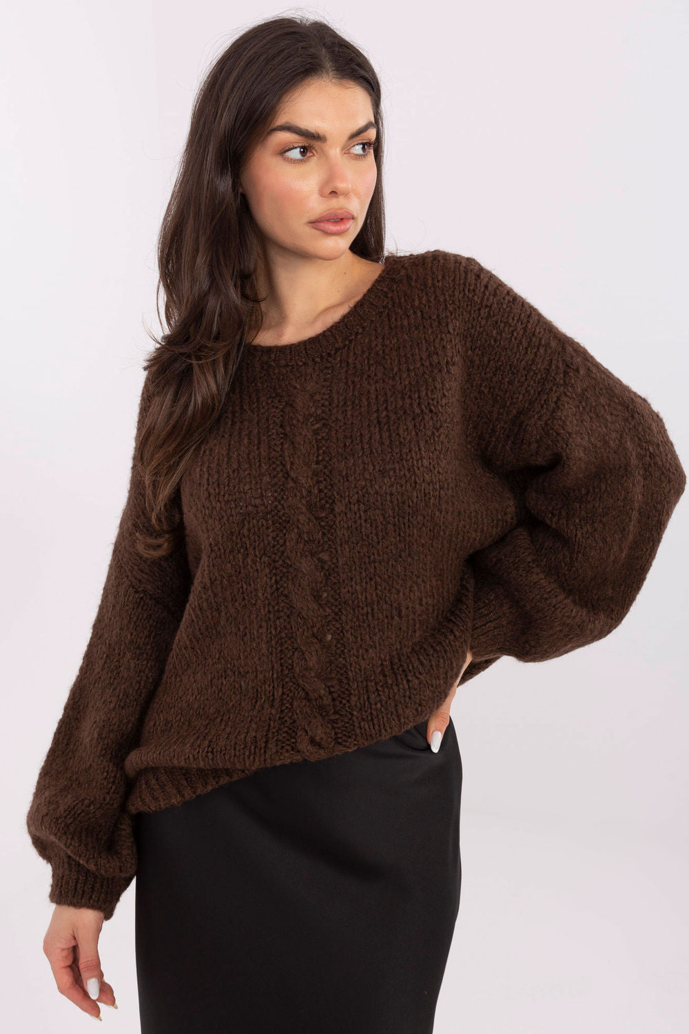 Italy Moda Dark Brown Round Neck Puff Sleeve Jumper