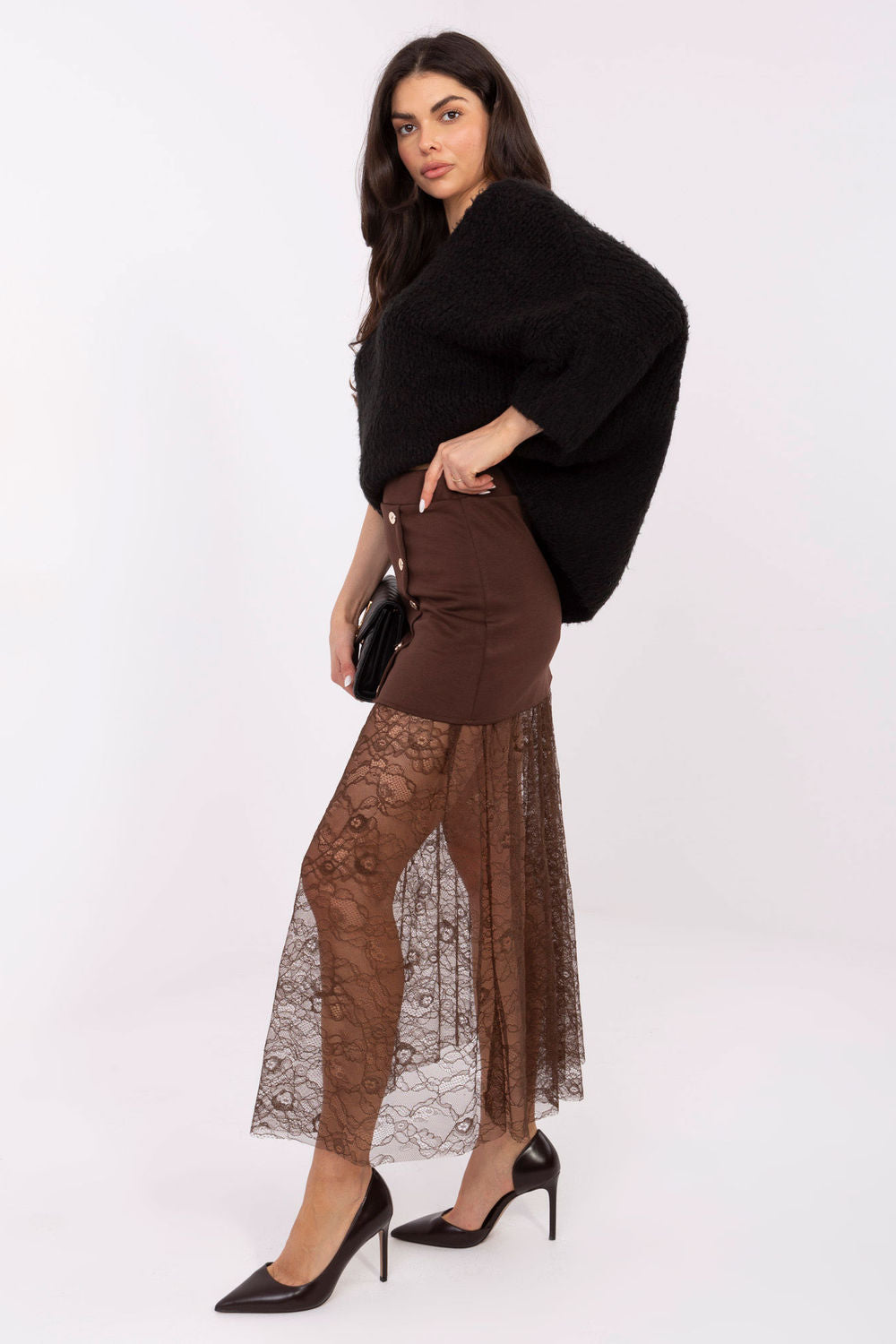 Italy Moda Brown Midi Lace Skirt - view 2
