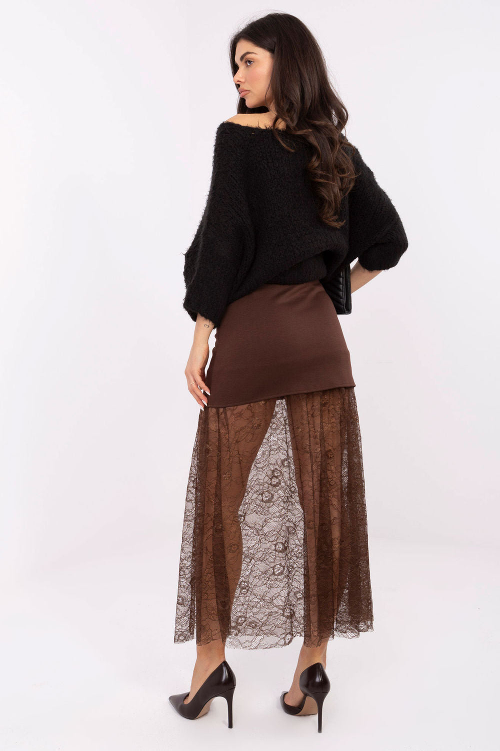 Italy Moda Brown Midi Lace Skirt - view 3