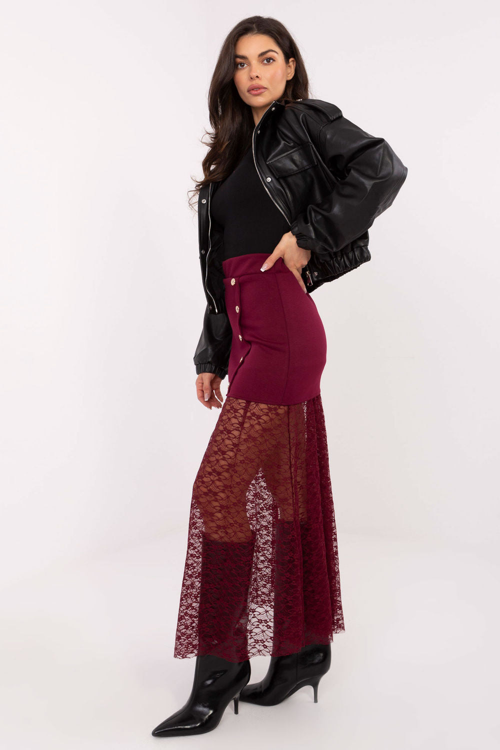 Italy Moda Burgundy Midi Lace Skirt - view 2