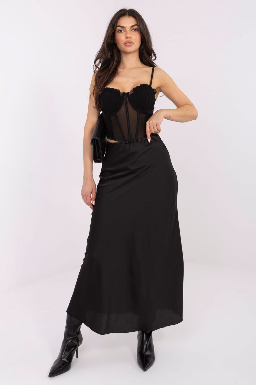 Italy Moda Black Satin High Waisted Maxi Skirt