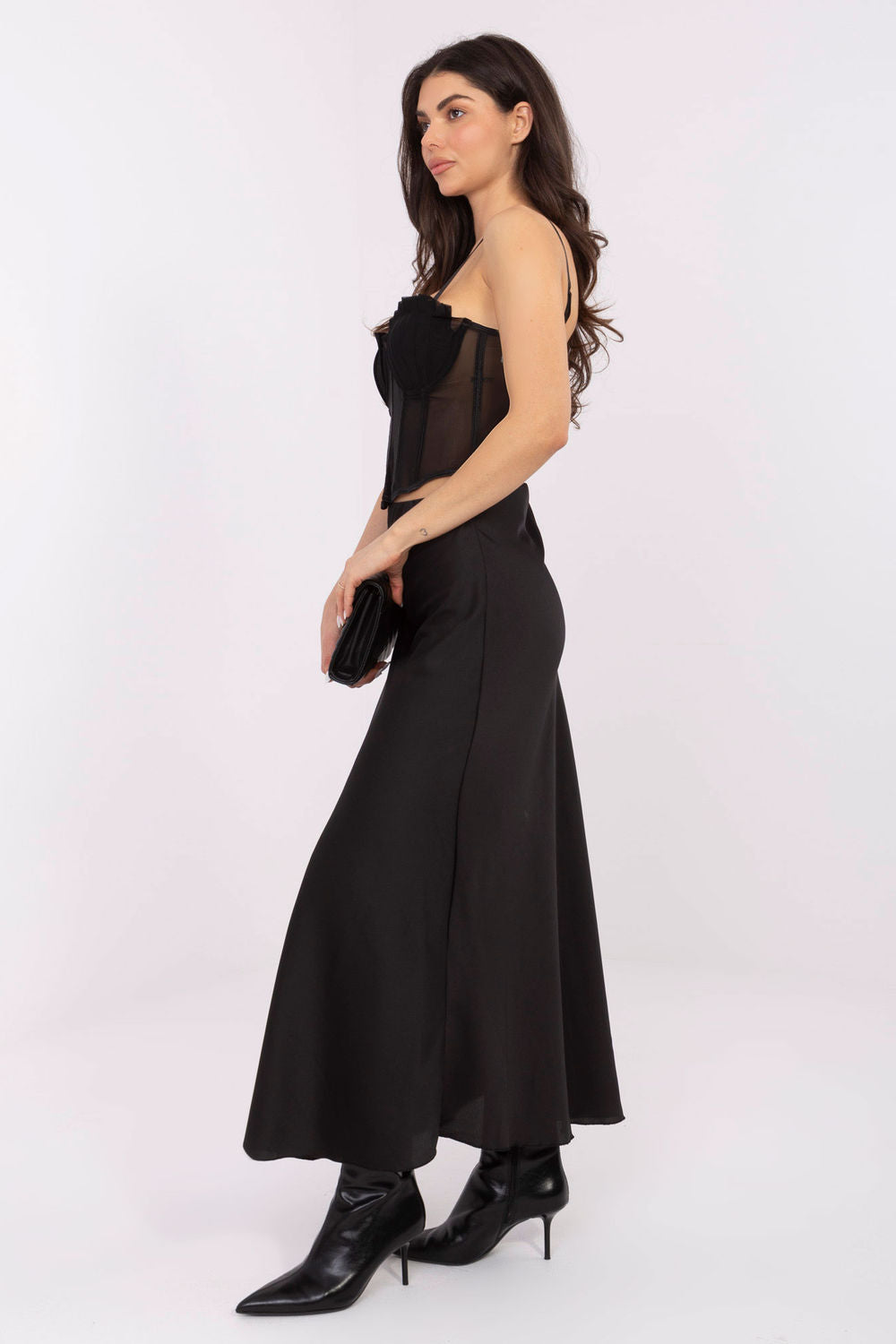 Italy Moda Black Satin High Waisted Maxi Skirt - view 2