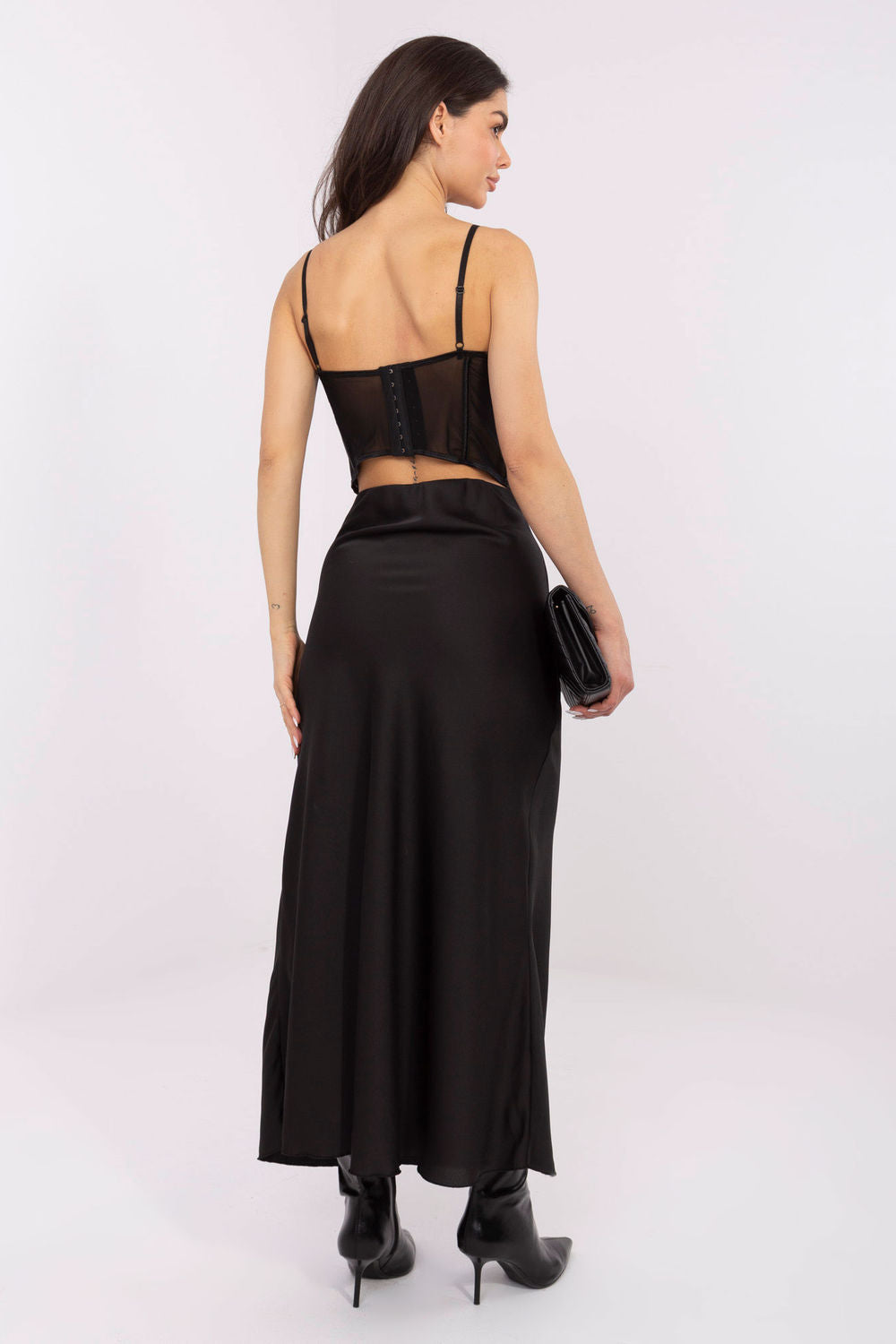 Italy Moda Black Satin High Waisted Maxi Skirt - view 3